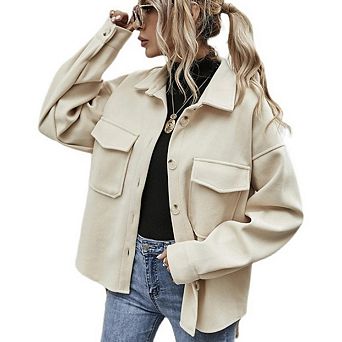 Women Collared Button Front Patch Pockets Loose Fit Wool‑Like Fabric Short Outerwear Jacket