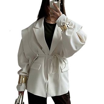 Women Lapel Collar Tie Waist Long Sleeve Loose Fit Casual Blazer Style Outerwear Jacket