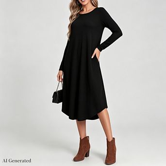 Women Long Sleeve Midi Dress with Pockets Modest Loose Fit Solid Color Crew Neck A-Line Sundress