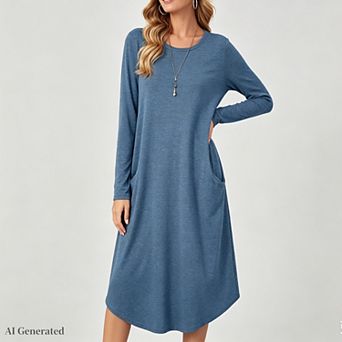 Women Long Sleeve Midi Dress with Pockets Modest Loose Fit Solid Color Crew Neck A-Line Sundress