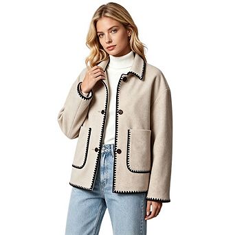 Women Loose Fit Color Contrast Stitching Lapel Wool‑Blend Style Outerwear Coat