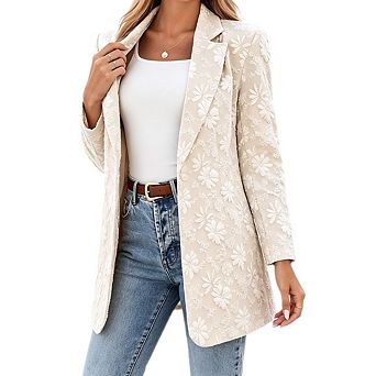 Women Jacquard Single‑Button Blazer Lapel Long Sleeve Business Casual Work Outerwear