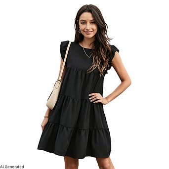 Womens Boho Ruffles Loose Flowy Solid Mini Babydoll Dress