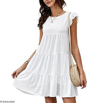 Womens Boho Ruffles Loose Flowy Solid Mini Babydoll Dress