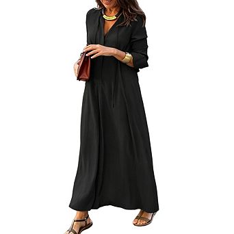 Womens Casual Long Sleeve V Neck Flowy Loose Fit Boho Cocktail Party Maxi Shirt Dress