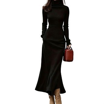 Womens Long Sleeve Turtle Neck Stretchy Knit Formal Party Maxi Dress