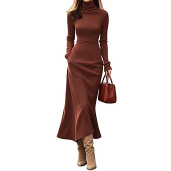 Womens Long Sleeve Turtle Neck Stretchy Knit Formal Party Maxi Dress