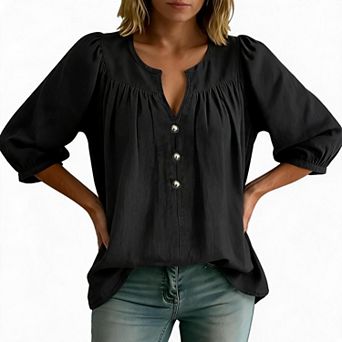 Blouses For Women V Neck Puff 3/4 Sleeve Henley Button Down Loose Fit Shirts
