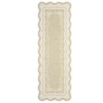 Scalloped Floral Border Washable Area Rug Low‑Pile Non-Slip Carpet for Living Room Porch Bedroom