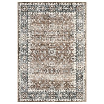 Distressed Floral Washable Area Rug Low‑Pile Non-Slip Stain-Resistant Carpet for Living Room Bedroom