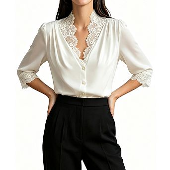 Womens V Neck Lace Trim Three Quarter Sleeve Button Front Pleated Blouse For Office Business