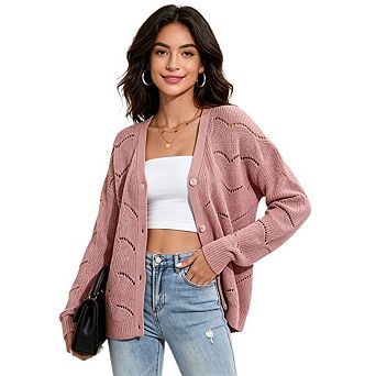 Women's Crochet Cardigan Button Up Long Sleeve Lightweight Cardigan Boho Knit Cover Up Sweater