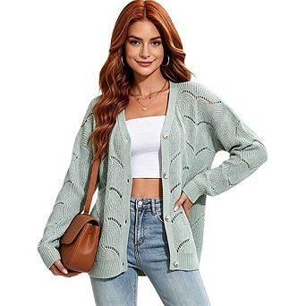 Women's Crochet Cardigan Button Up Long Sleeve Lightweight Cardigan Boho Knit Cover Up Sweater