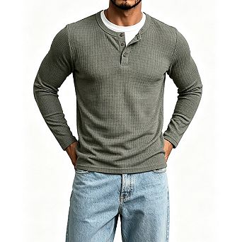 Mens Henley Long Sleeve Waffle Knit Fake Layer Pullover Shirt Casual Tops