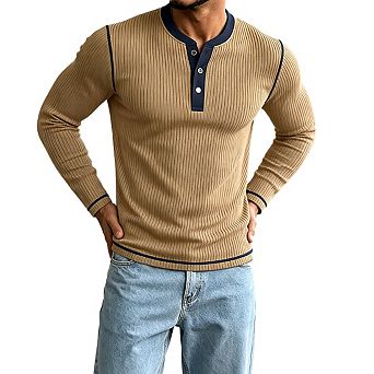 Mens Henley Ribbed Knit Long Sleeve Contrast Trim Pullover Shirt Casual Tops