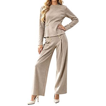 Women Crew Neck Long Sleeve Button Two Piece Outfit Top Full Length Wide Leg Pants