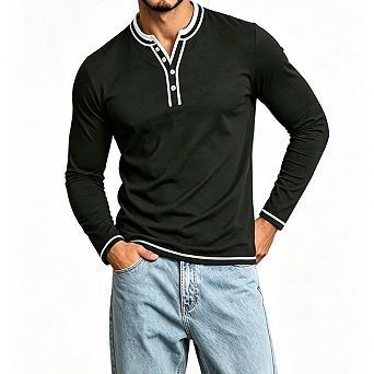 Mens Henley Long Sleeve Ribbed Knit Pullover Shirt Casual Tops