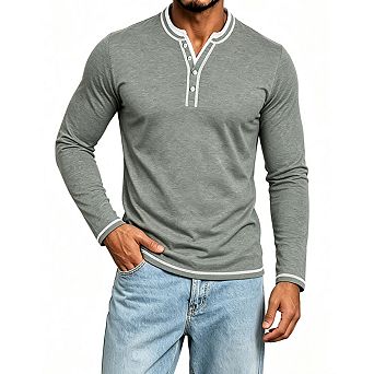 Mens Henley Long Sleeve Ribbed Knit Pullover Shirt Casual Tops