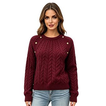 Women's Cable Knit Turtleneck Button Down Short Sweater Long Sleeved Pullover