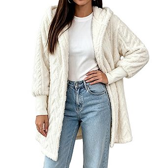 Womens Hooded Open Front Long Sleeve Cable Textured Fleece Mid Length Cardigan Coat