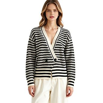 Women's V neck Knitted Button Striped Color block Cardigan