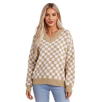 Women's Autumn V neck Knit Sweater Men's Loose Plaid Long Sleeve Sweater Retro Knitwear