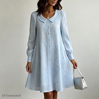 Women Floral Embroidery Casual Loose Shirt Dress Button Down Pleated Swing Midi Dress with Pockets