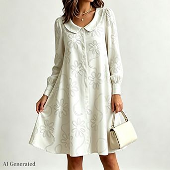 Women Floral Embroidery Casual Loose Shirt Dress Button Down Pleated Swing Midi Dress with Pockets