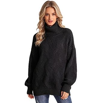 Women's Turtleneck Sweater Solid Color Long Sleeved Cable Knit Pullover Top