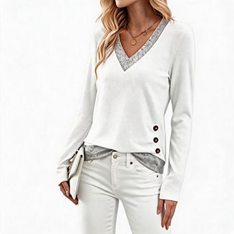 Women's V‑Neck Long Sleeve Top Fake Two‑Piece Pullover with Side Decorative Buttons Casual Top