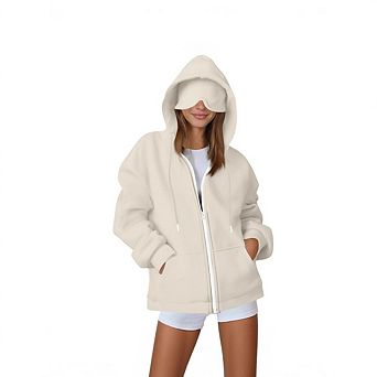 Women’s Zip Up Travel Hoodie With Built-In Eye Mask, Hidden Pockets Airplane Sweatshirt Jacket