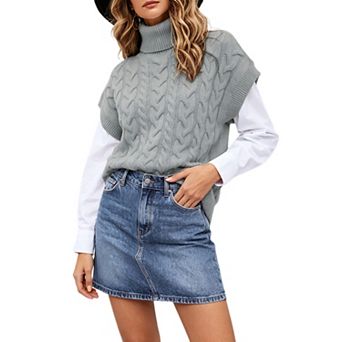 Women Turtleneck Sleeveless Cable Knit Sweater Vest
