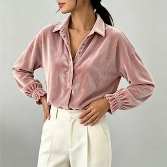 Women's Velvet Lapel Collar Long Sleeve Half‑Button Blouse, Elegant Dressy Casual Top