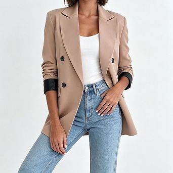 Women Double Breasted Blazer Lapel Long Sleeve Relaxed Fit Business Office Suit Jacket