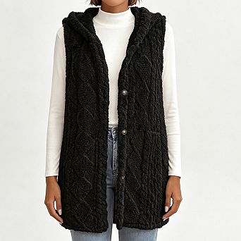 Women Hooded Fuzzy Fleece Vest Sleeveless Button Front Mid Length Textured Outer Gilet with Pockets