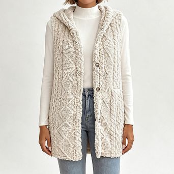 Women Hooded Fuzzy Fleece Vest Sleeveless Button Front Mid Length Textured Outer Gilet with Pockets