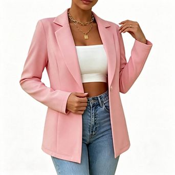 Women Single Button Notched Lapel Blazer, Long Sleeve Casual Open Front Suit Jacket