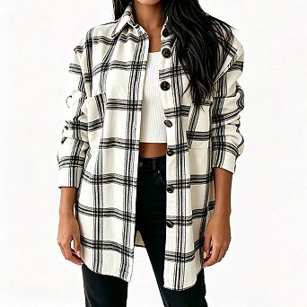 Women Oversized Shacket Lapel Collar Long Sleeve Button Down Shirt Jacket with Side Pockets