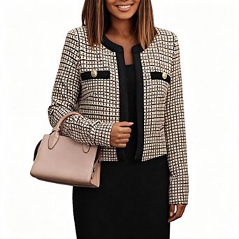 Women Cropped Houndstooth Tweed Jacket, Long Sleeve Open Front Elegant Plaid Blazer