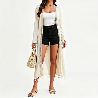 Women Long Open Front Cardigan Long Sleeve Lace Trim Tassel Hem Lightweight Boho Duster Cover Up