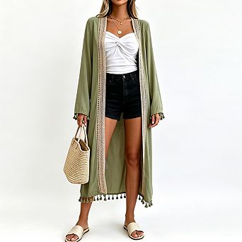 Women Long Open Front Cardigan Long Sleeve Lace Trim Tassel Hem Lightweight Boho Duster Cover Up