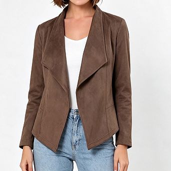 Women Faux Suede Jacket Open Front Draped Collar Long Sleeve Cropped Tailored Outer Coat