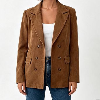 Women Corduroy Blazer Jacket Notched Lapel Double Breasted Long Sleeve Fit Outer Coat Pockets