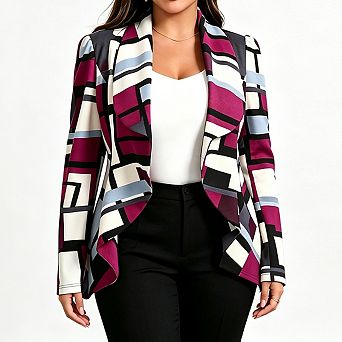 Women Plus Size Open Front Blazer Jacket Long Sleeve Lapel Abstract Geometric Print Casual Outerwear