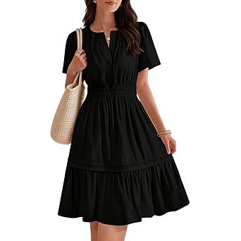 Womens Casual Short Sleeve V Neck Elastic Waist Boho Pleated A Line Mini Dresses