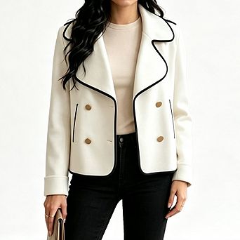 Women Lapel Cropped Coat Long Sleeve Double Breasted Short Wool Blend Jacket with Side Pockets