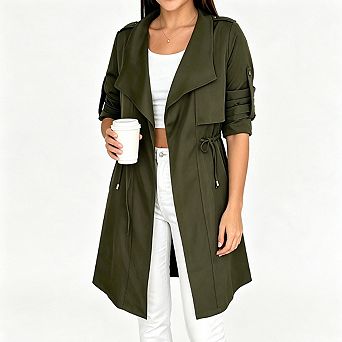 Women Open Front Draped Lapel Trench Coat Adjustable Drawstring Waist Mid Length Lightweight Jacket