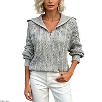 Women's Half Zip Sweater Collared V Neck Long Sleeve Cable Knit Casual Dressy Top