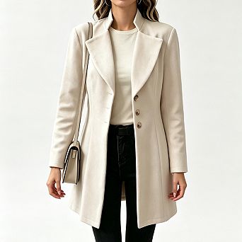 Women Lapel Collar Mid Length Coat Long Sleeve Single Breasted Slim Fit Elegant Outer Jacket