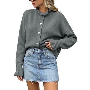 Women Ruffle Cardigan Sweater High Neck Knit Top
